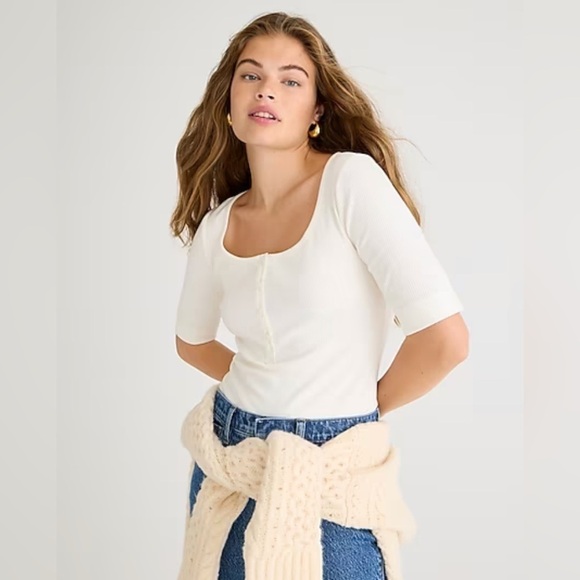 J. Crew Ivory Ribbed Henley Slim Blouse Size Small - Picture 1 of 10